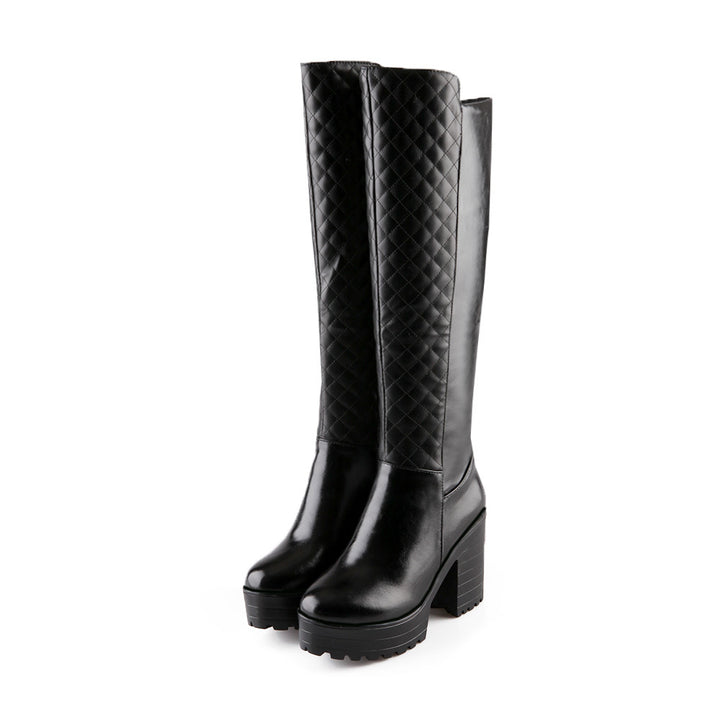 Women's quilted chunky heels knee high boots