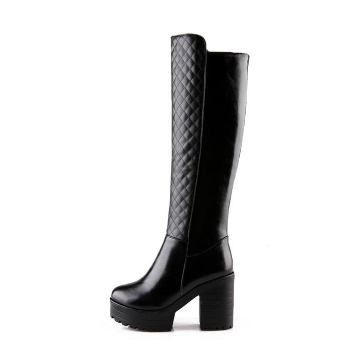 Women's quilted chunky heels knee high boots