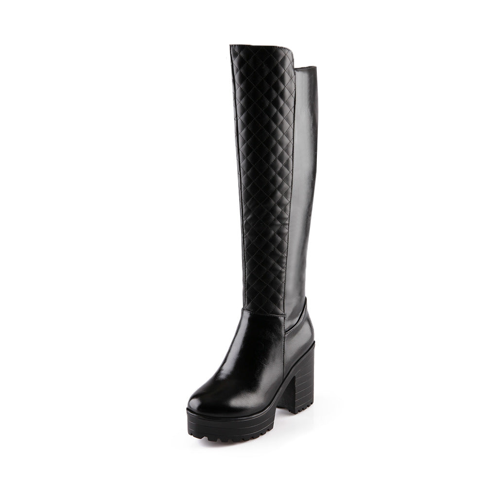 Women's quilted chunky heels knee high boots