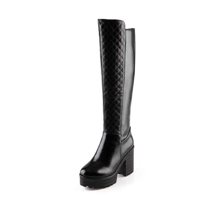 Women's quilted chunky heels knee high boots