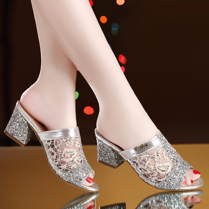 Women's rhinestone block heels slides Peep toe mules Gold silver glitter sandals