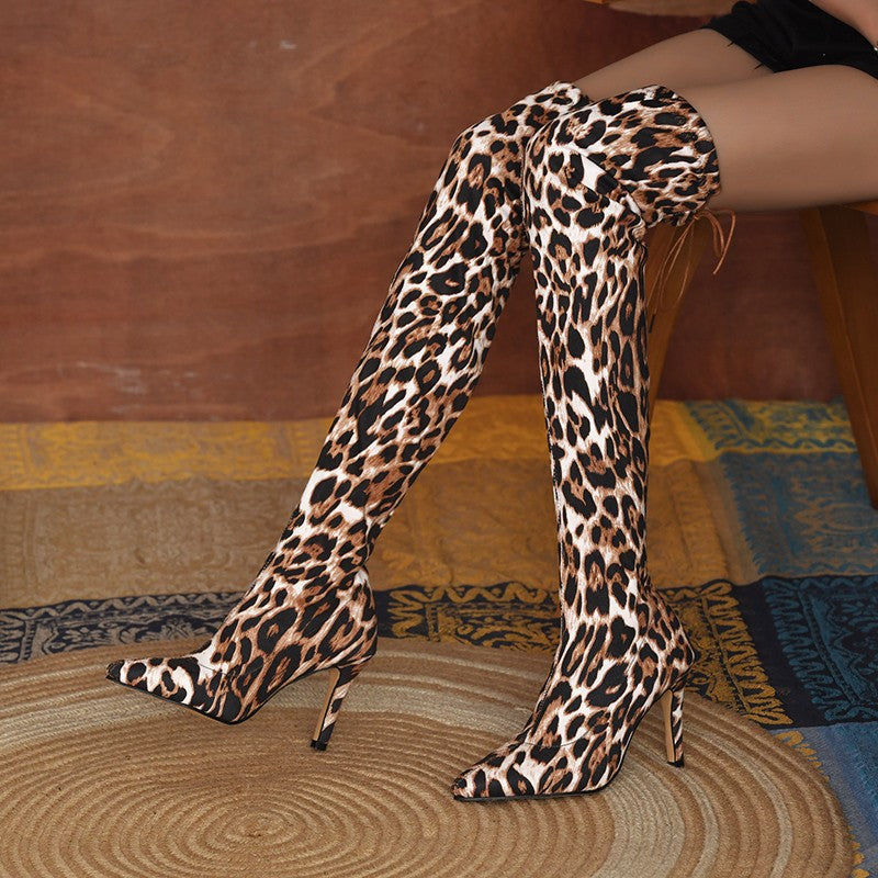 Women's sexy leopard stiletto high heel thigh high boots