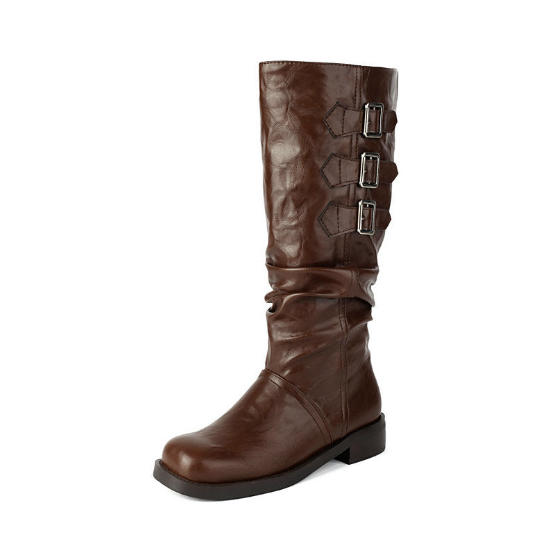 Women's slouchy biker boots under the knee