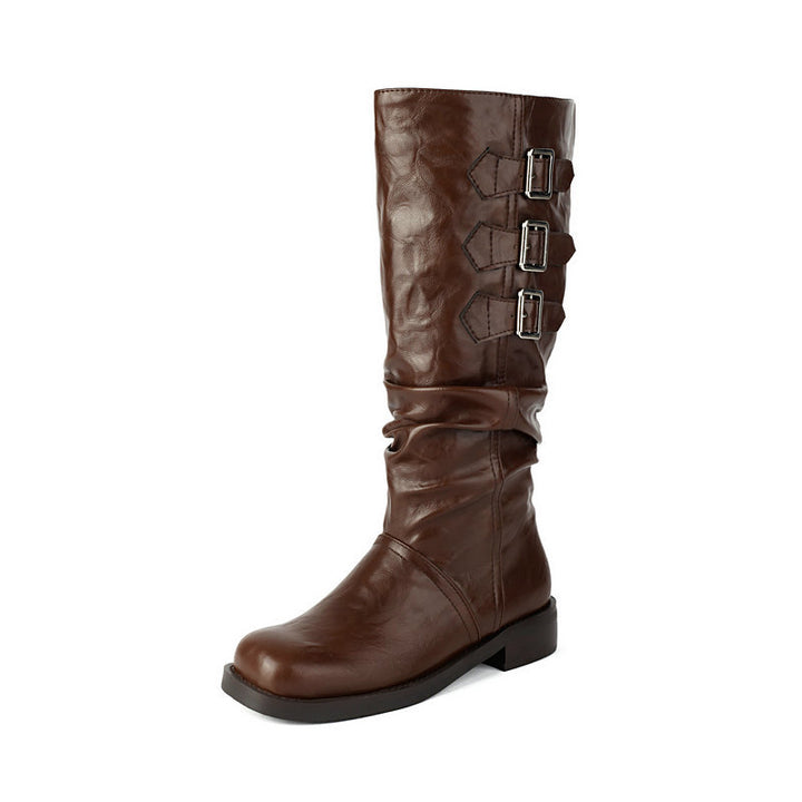 Women's slouchy biker boots under the knee