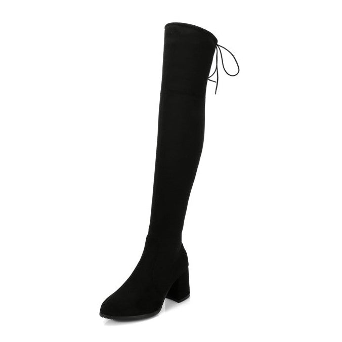 Women's stretchy chunky heels thigh boots