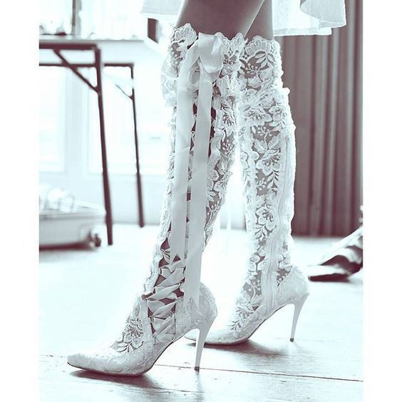 Women's white lace embroidery bridal boots Stiletto heels thigh high boots for wedding