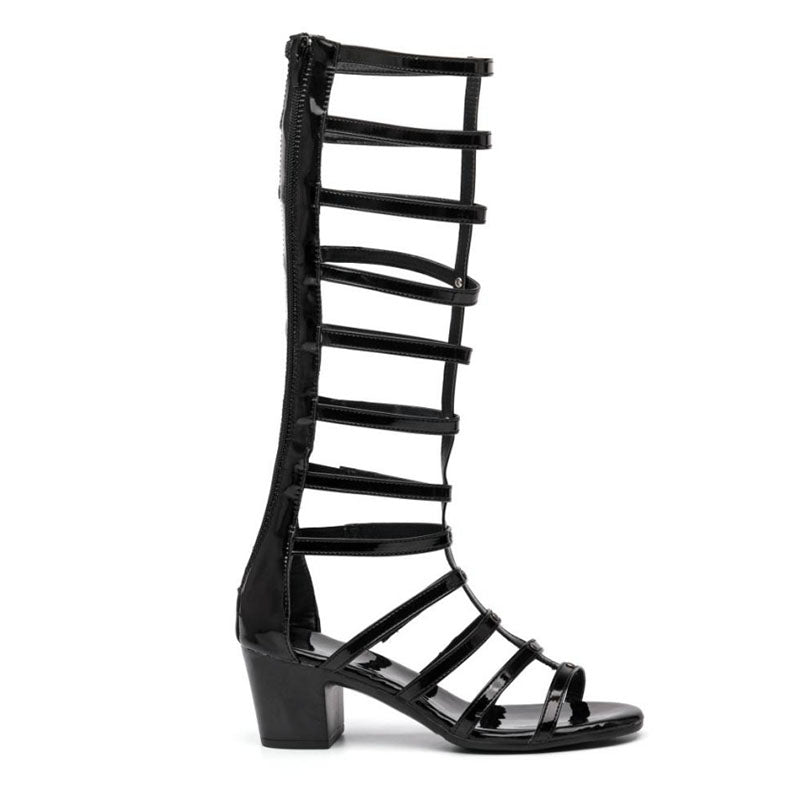 Women's black block heels knee high gladiator sandals