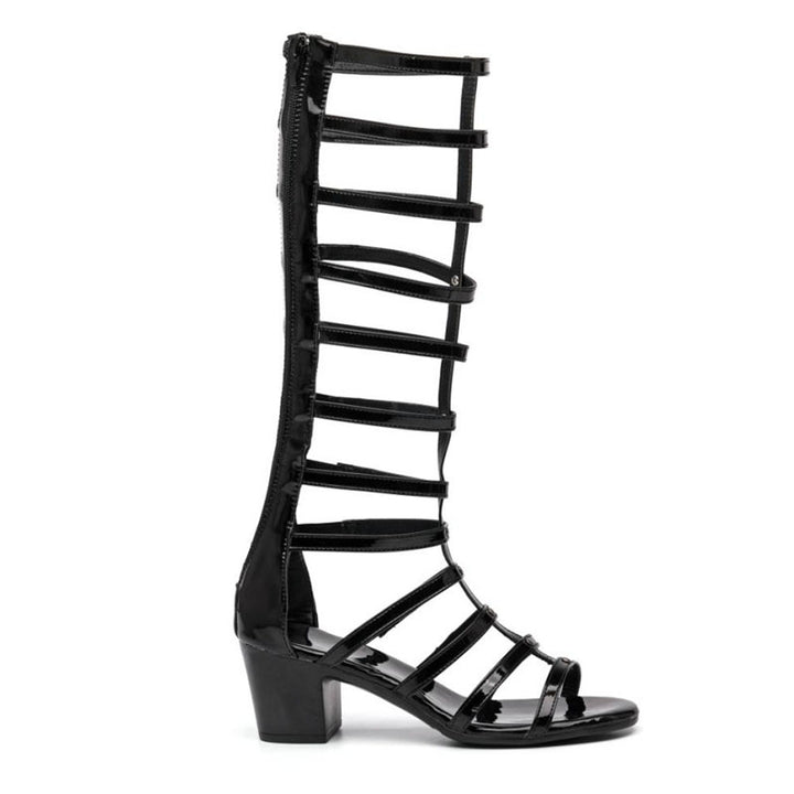 Women's black block heels knee high gladiator sandals