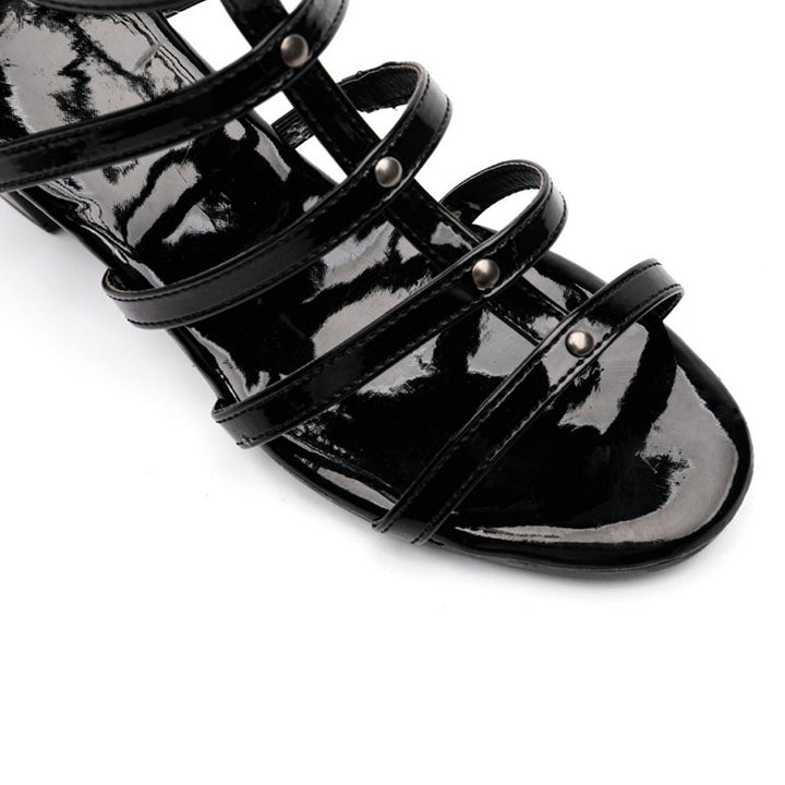 Women's black block heels knee high gladiator sandals