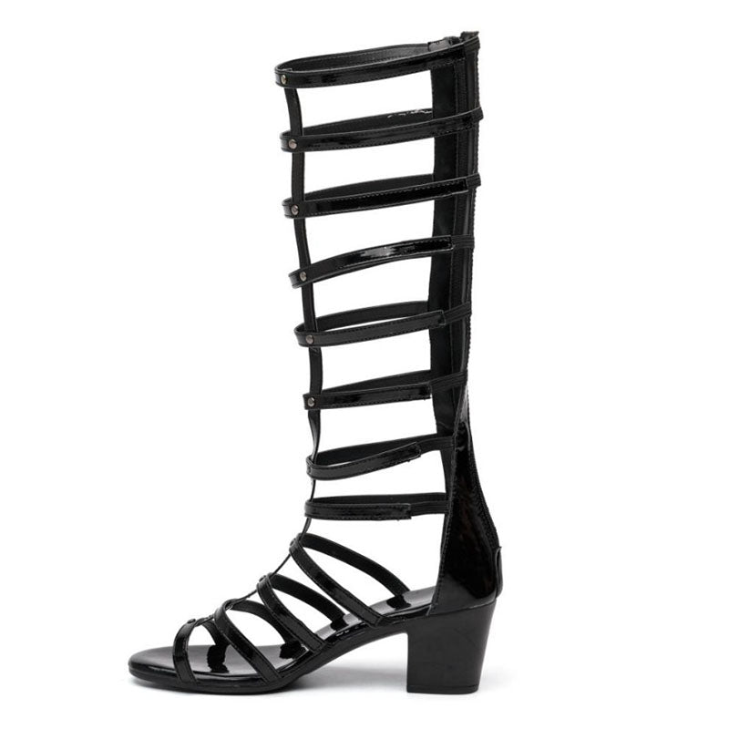 Women's black block heels knee high gladiator sandals