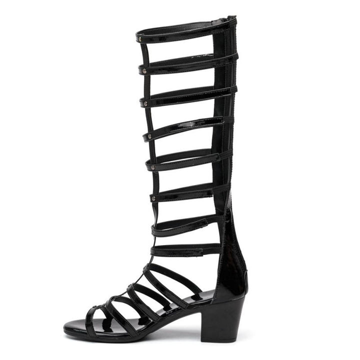 Women's black block heels knee high gladiator sandals