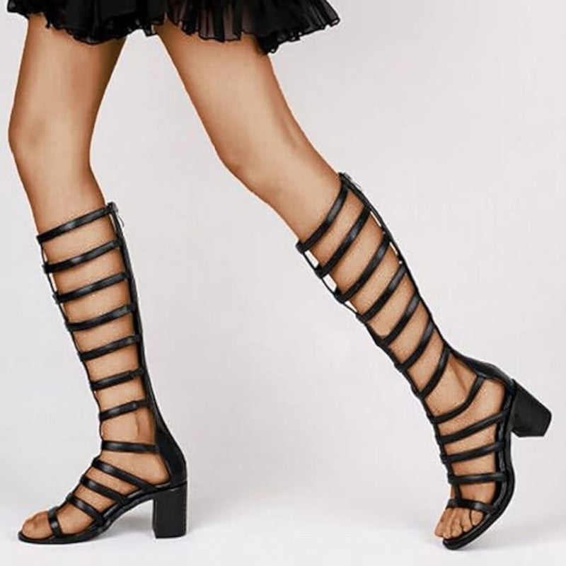 Women's black block heels knee high gladiator sandals