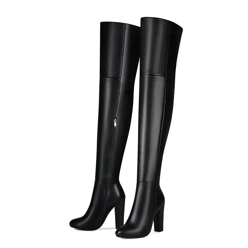 black Women's black chunky high heels thigh boots