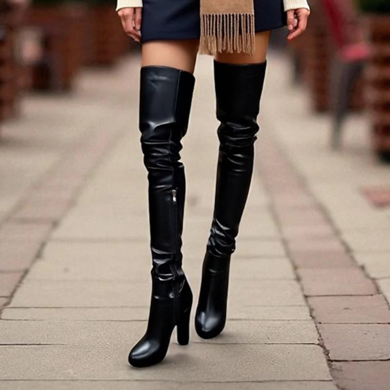 black Women's black chunky high heels thigh boots