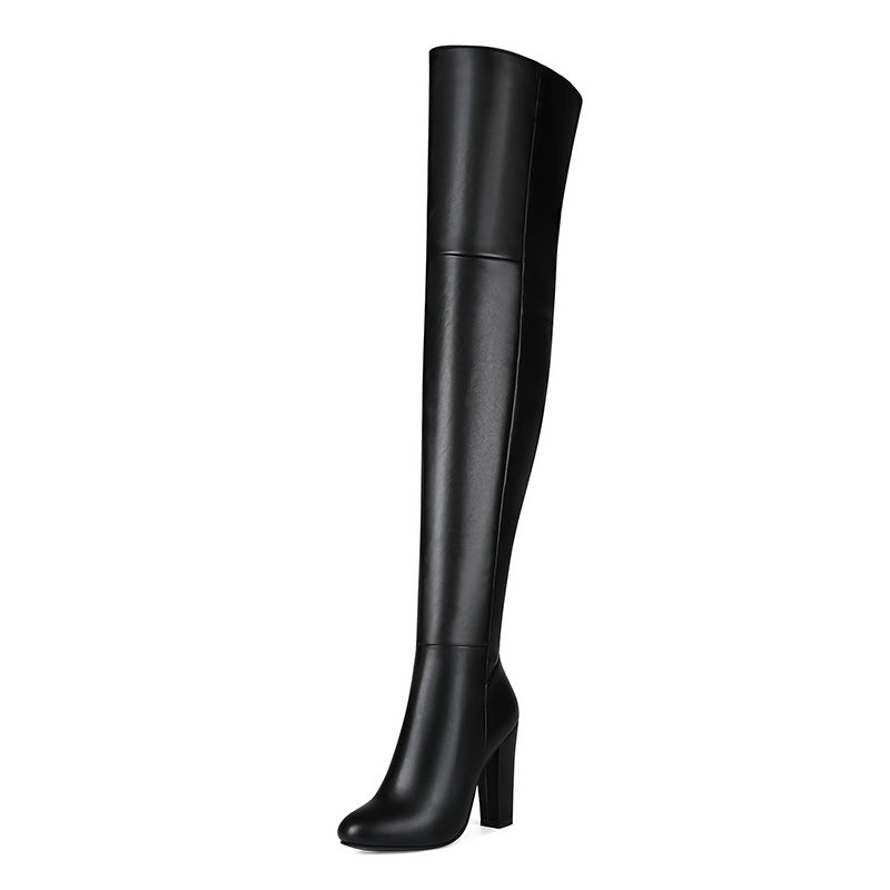 black Women's black chunky high heels thigh boots