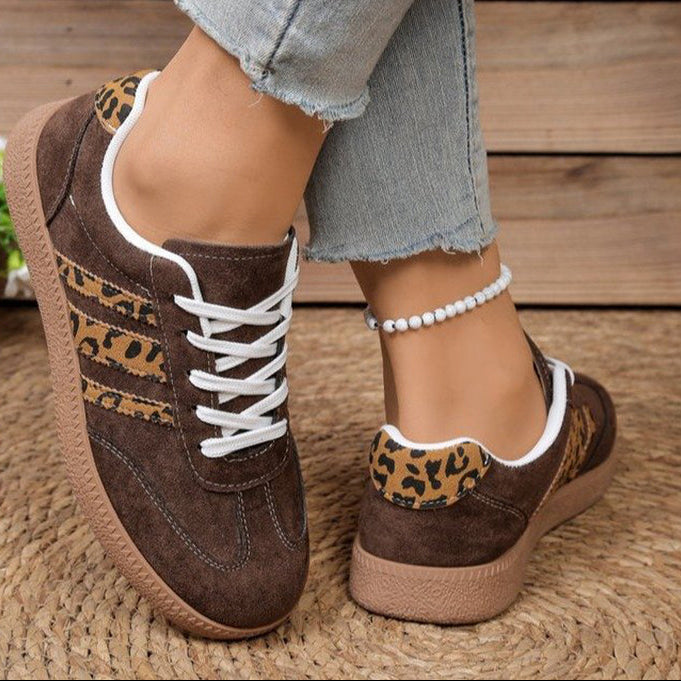 Trendy Brown Leopard Tennis Shoes for Women – Casual Lace-Up Sneakers for Everyday & Outings