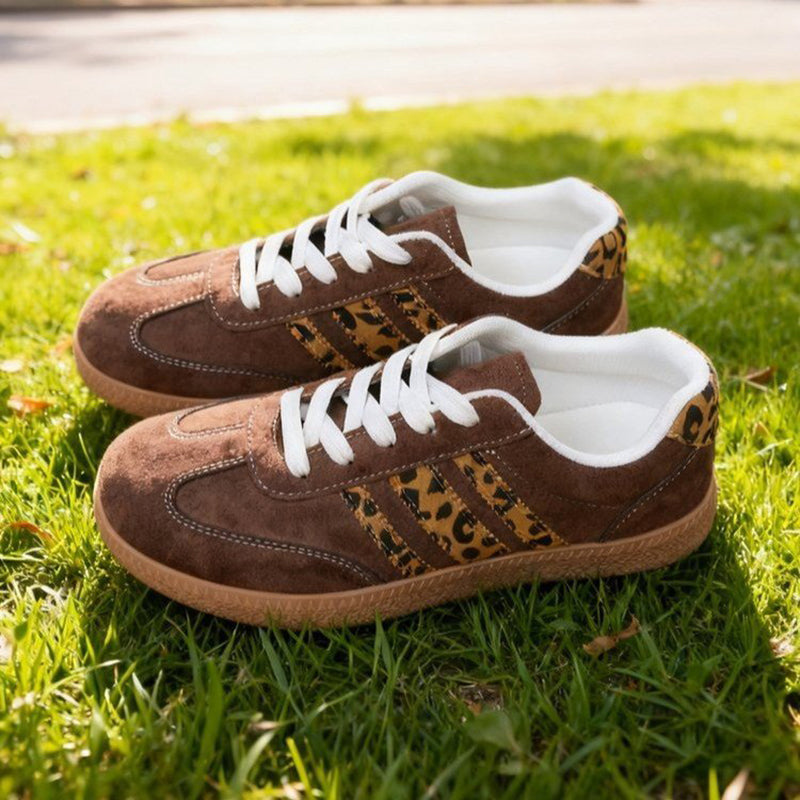 Trendy Brown Leopard Tennis Shoes for Women – Casual Lace-Up Sneakers for Everyday & Outings