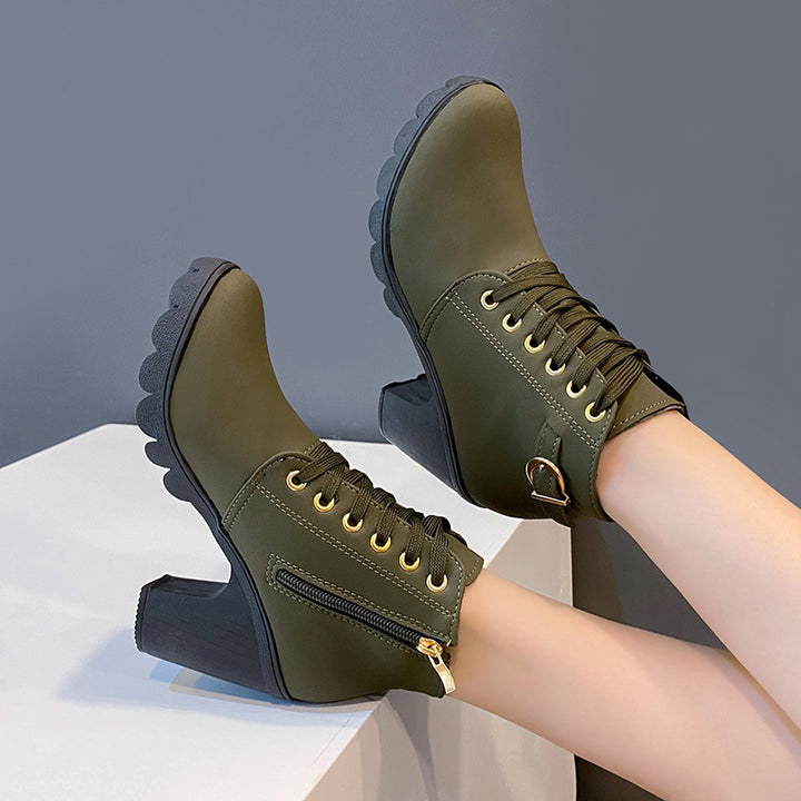 Women's chunky heels combat boots lace-up round toe booties