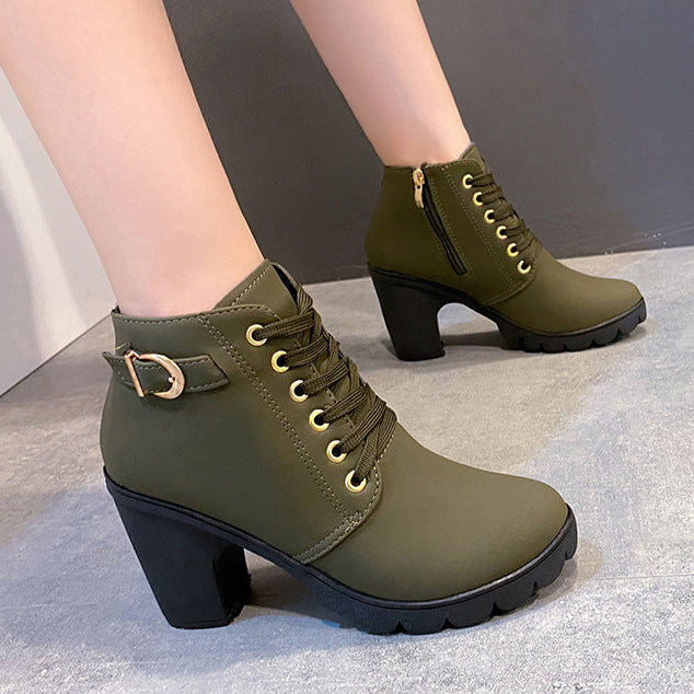 Women's chunky heels combat boots lace-up round toe booties