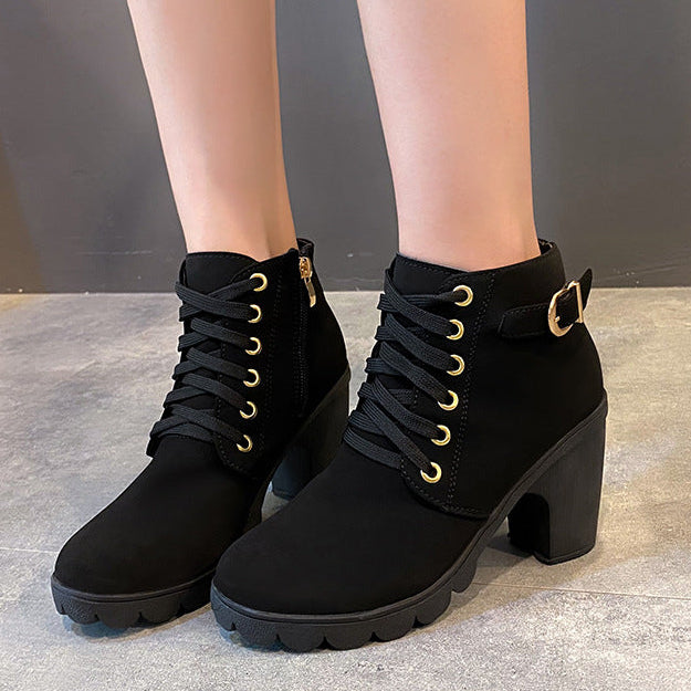 Women's chunky heels combat boots lace-up round toe booties
