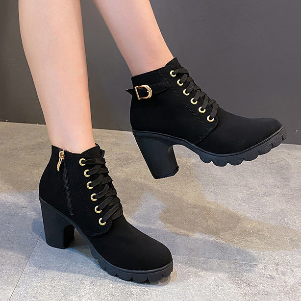 Women's chunky heels combat boots lace-up round toe booties