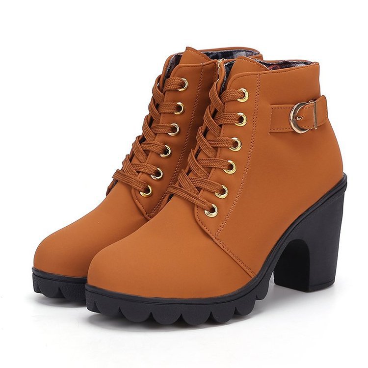 Women's chunky heels combat boots lace-up round toe booties