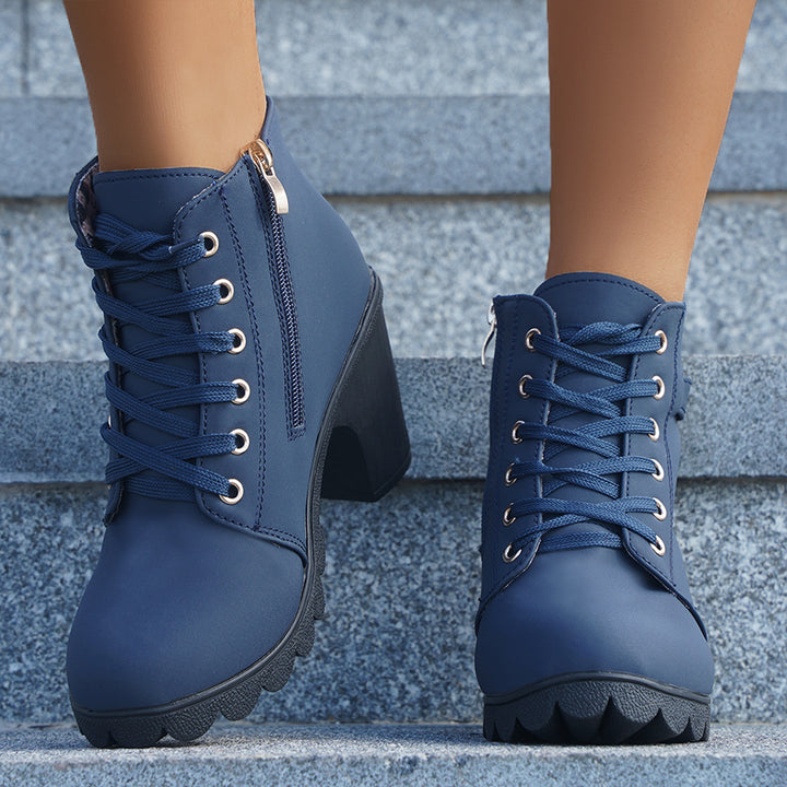 Women's chunky heels combat boots lace-up round toe booties