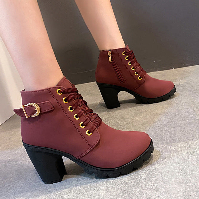 Women's chunky heels combat boots lace-up round toe booties