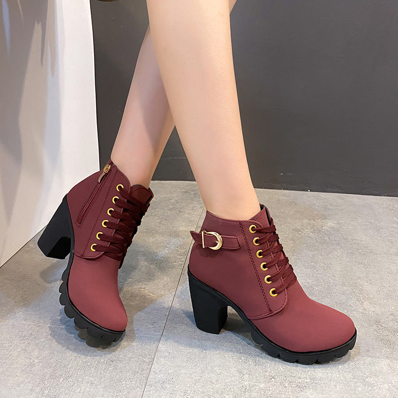Women's chunky heels combat boots lace-up round toe booties