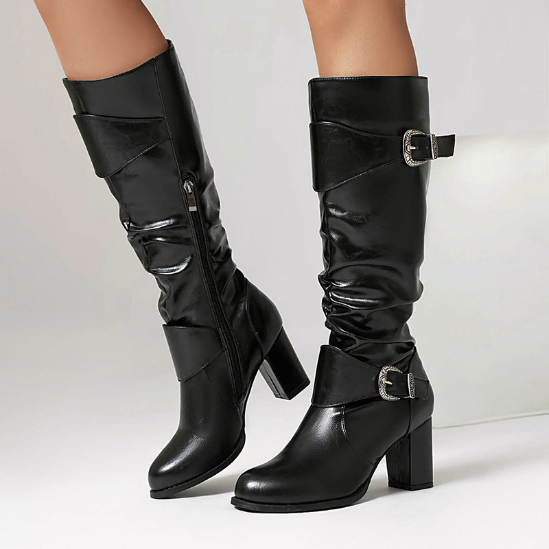 black Women's chunky heels knee high boots with 2 buckle straps