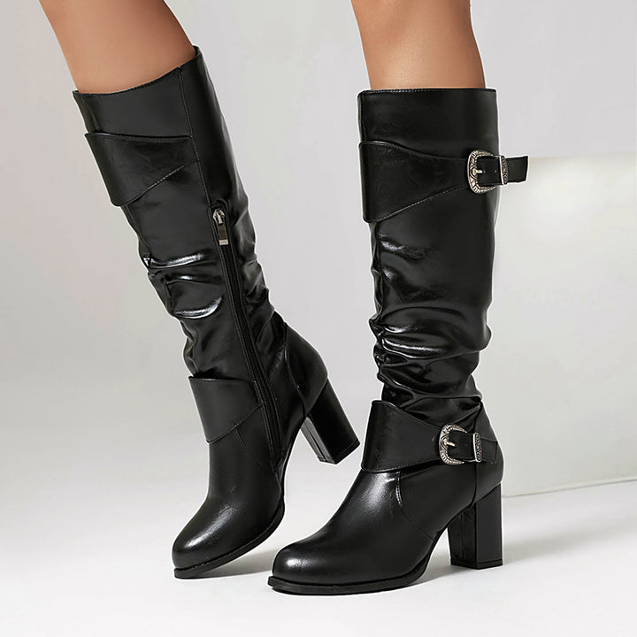 black Women's chunky heels knee high boots with 2 buckle straps