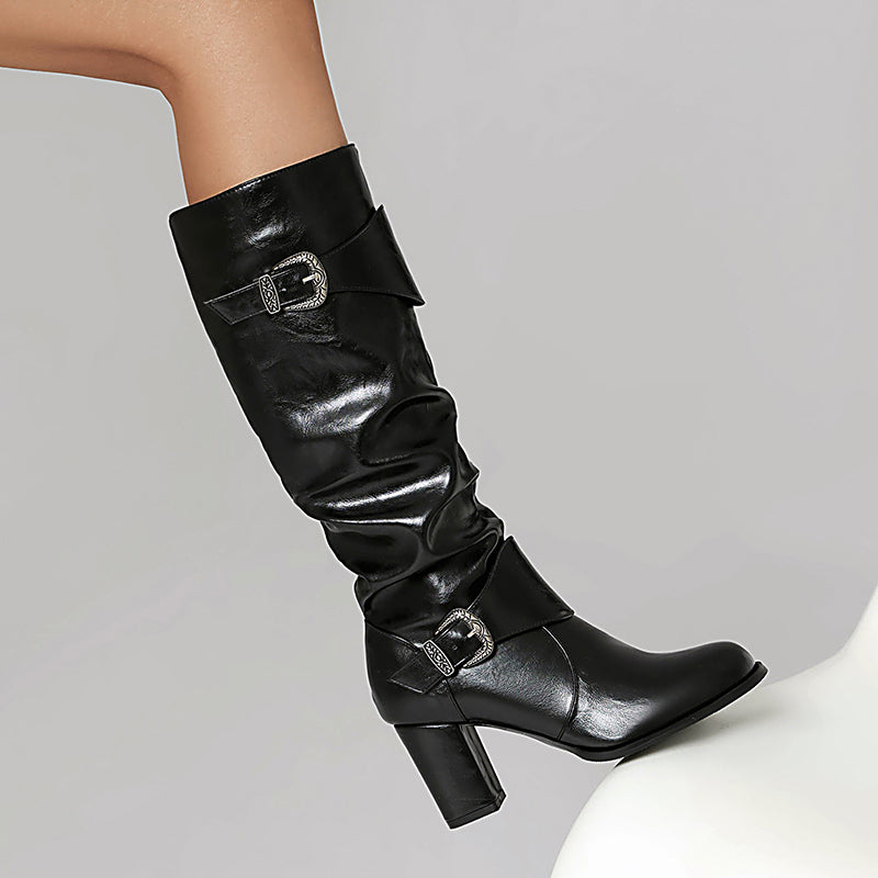 black Women's chunky heels knee high boots with 2 buckle straps