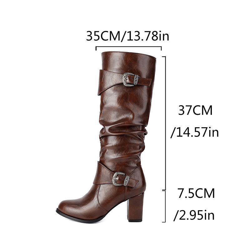 coffee Women's chunky heels knee high boots with 2 buckle straps