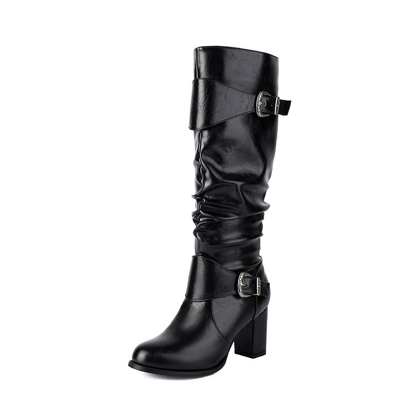 black Women's chunky heels knee high boots with 2 buckle straps