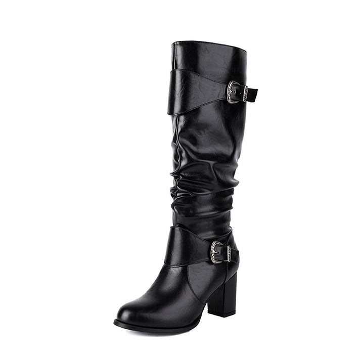 black Women's chunky heels knee high boots with 2 buckle straps
