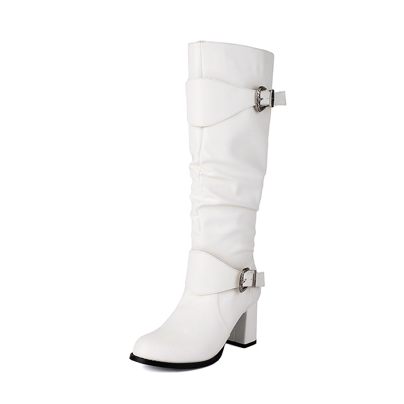 white Women's chunky heels knee high boots with 2 buckle straps