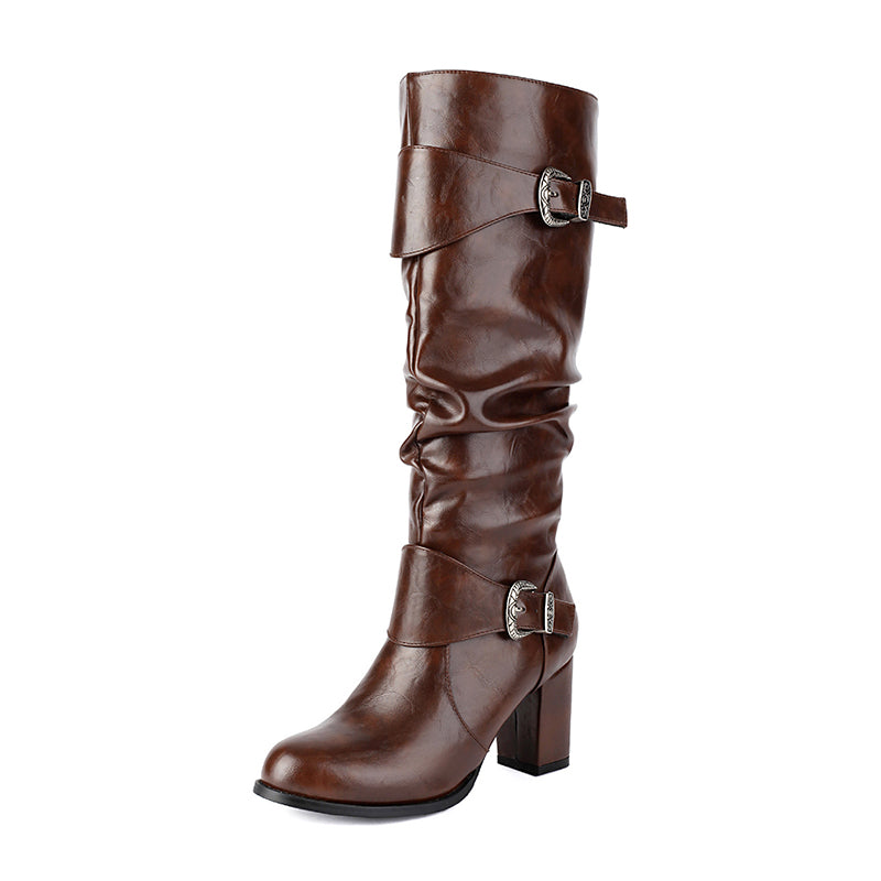 coffee Women's chunky heels knee high boots with 2 buckle straps