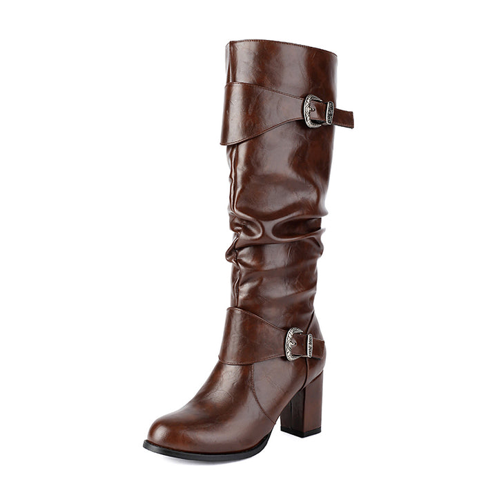 coffee Women's chunky heels knee high boots with 2 buckle straps