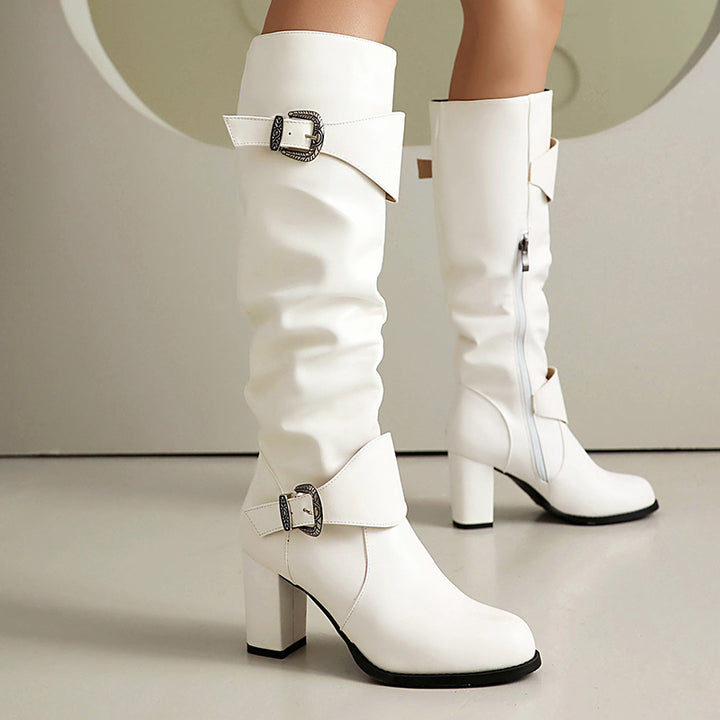 Women's chunky heels knee high boots with 2 buckle straps