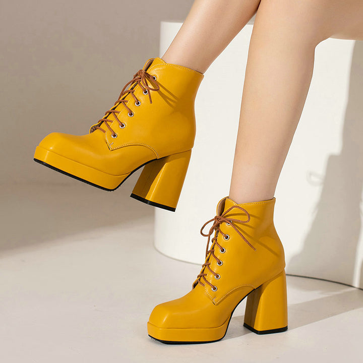 Women's chunky heels platform lace-up booties