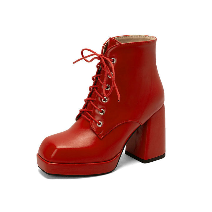 red Women's chunky heels platform lace-up booties