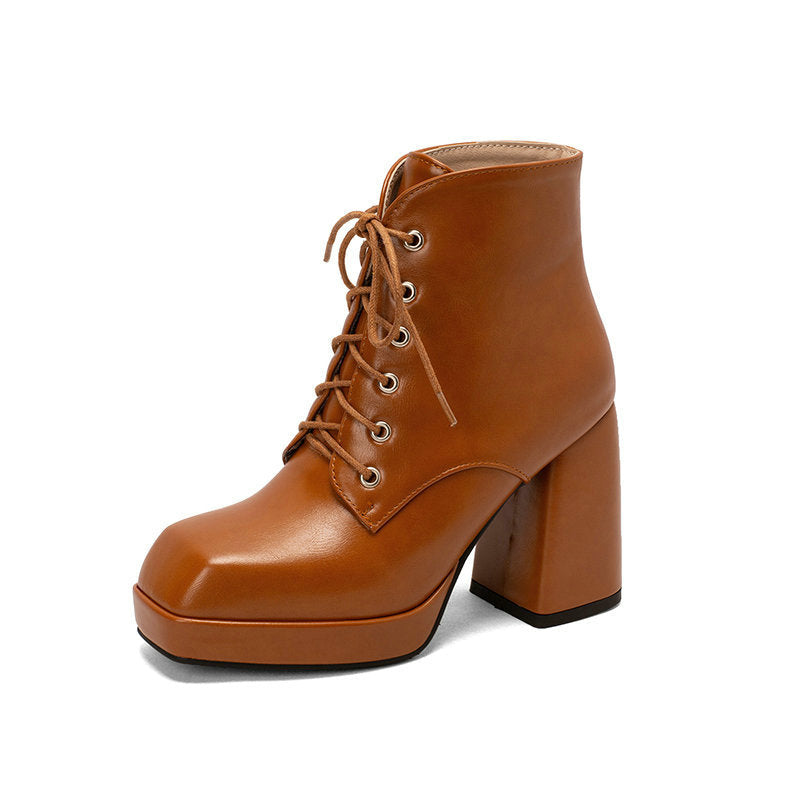 brown Women's chunky heels platform lace-up booties