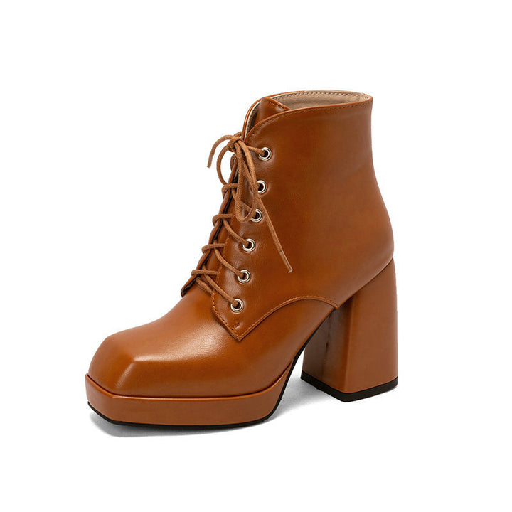 brown Women's chunky heels platform lace-up booties