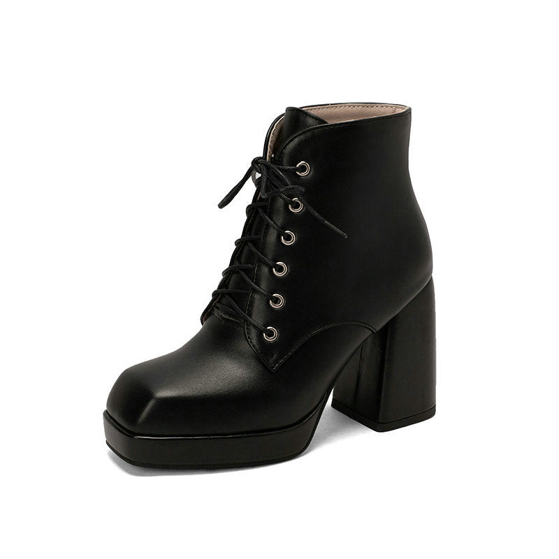 black Women's chunky heels platform lace-up booties