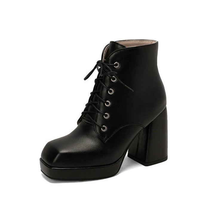 black Women's chunky heels platform lace-up booties