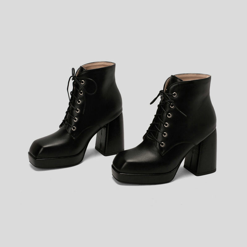 black Women's chunky heels platform lace-up booties