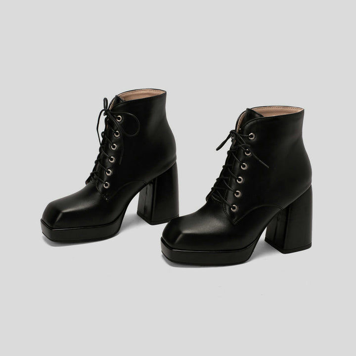 black Women's chunky heels platform lace-up booties
