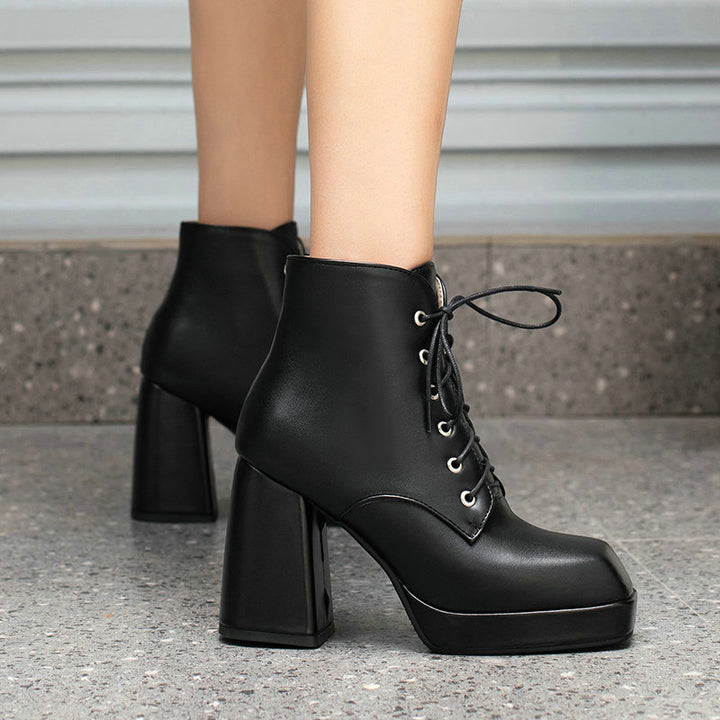 black Women's chunky heels platform lace-up booties
