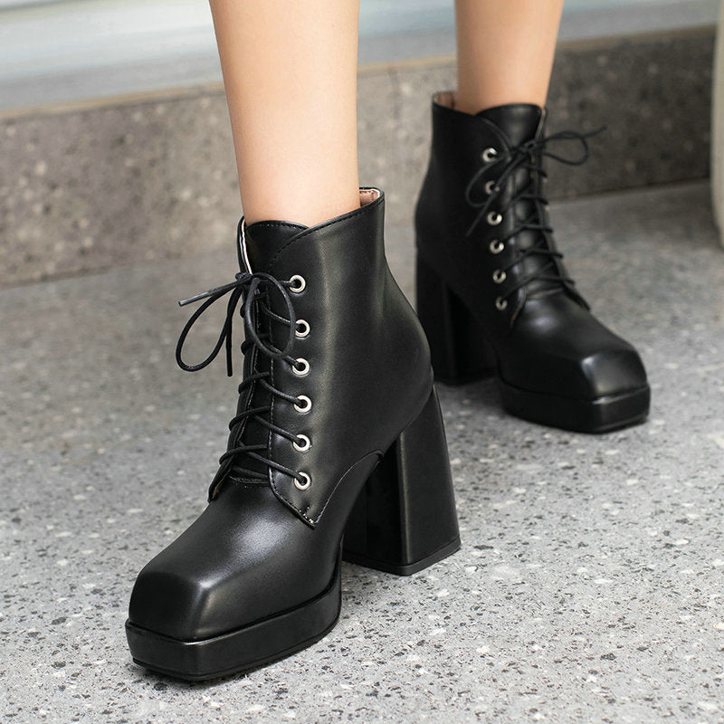 Women's chunky heels platform lace-up booties