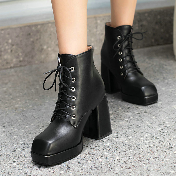 Women's chunky heels platform lace-up booties